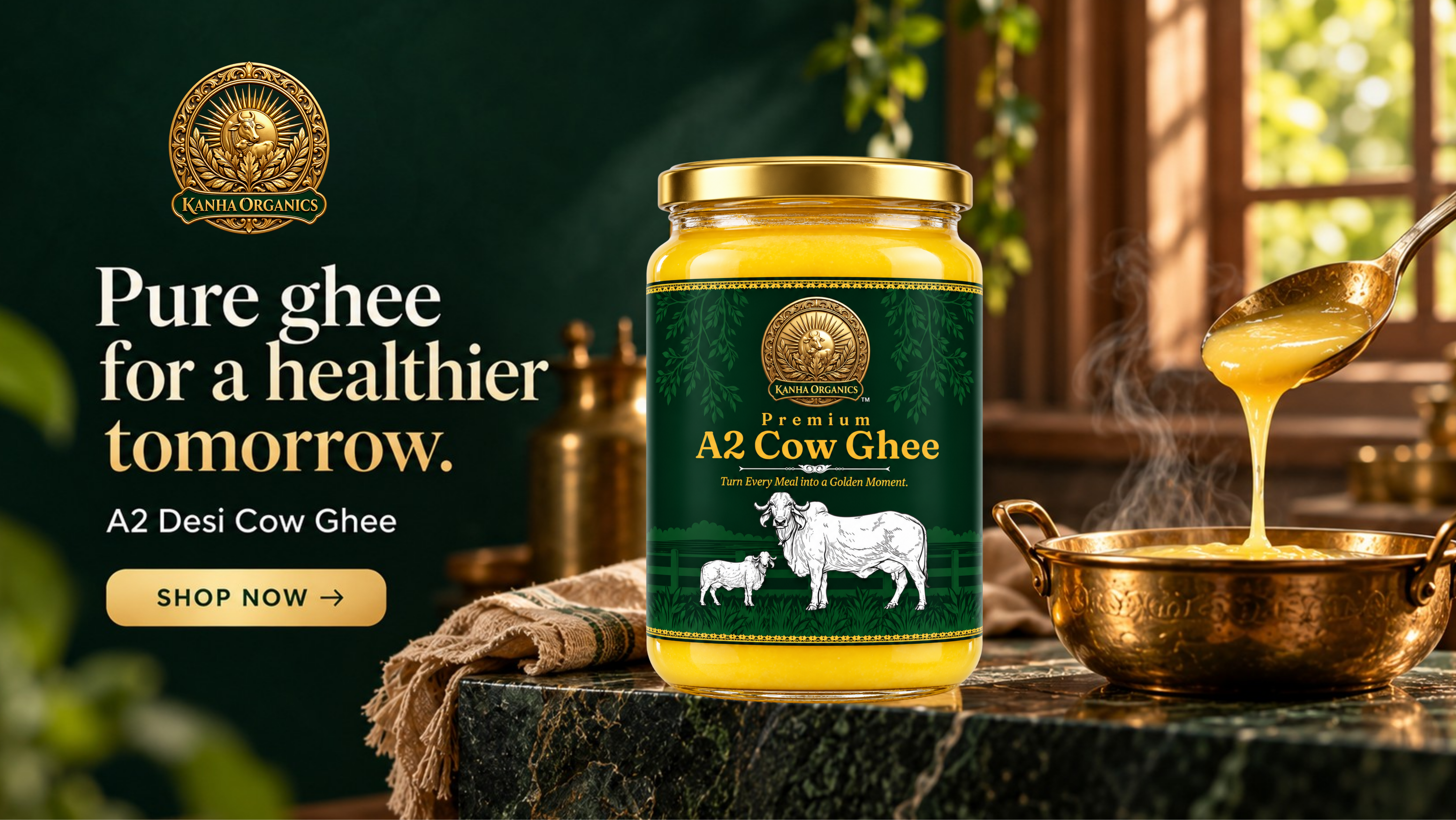 Kanha Organics: Rooted in tradition. Made for your table. A2 Desi Cow Ghee and Premium Dry Fruit Trail Mix in gold-lidded jars on a wooden table. Shop now.